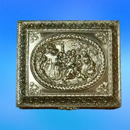 Vintage Ornate Metal Jewelry Victorian Scene Japan Silvertone Lined Trinket Box