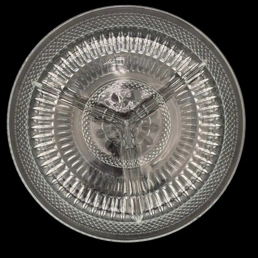 Vintage Italian Crystal Serving Dish, 9.75” Round, Divided 3-Section
