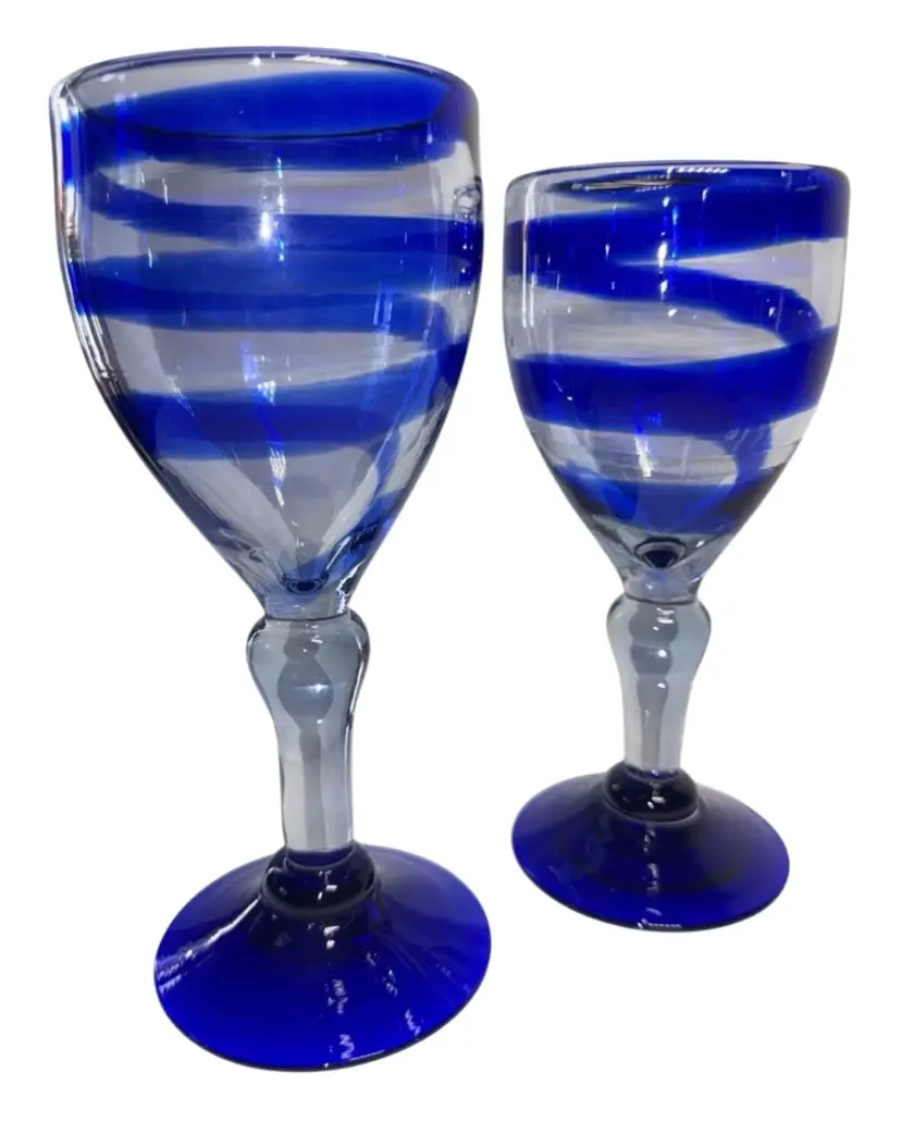 Hand Blown Mexican Wine Glass Goblets Cobalt Blue Swirl Thick Glass Set Of 2