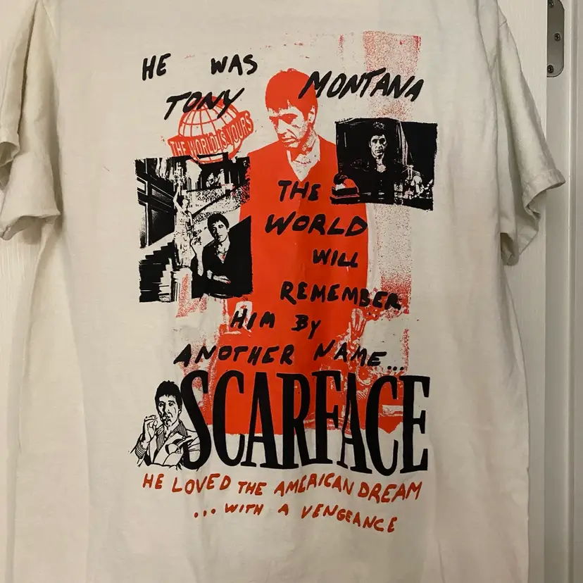 Scarface Movie Mens White Graphic Tee T Shirt L Large Tony Montana Red & Black
