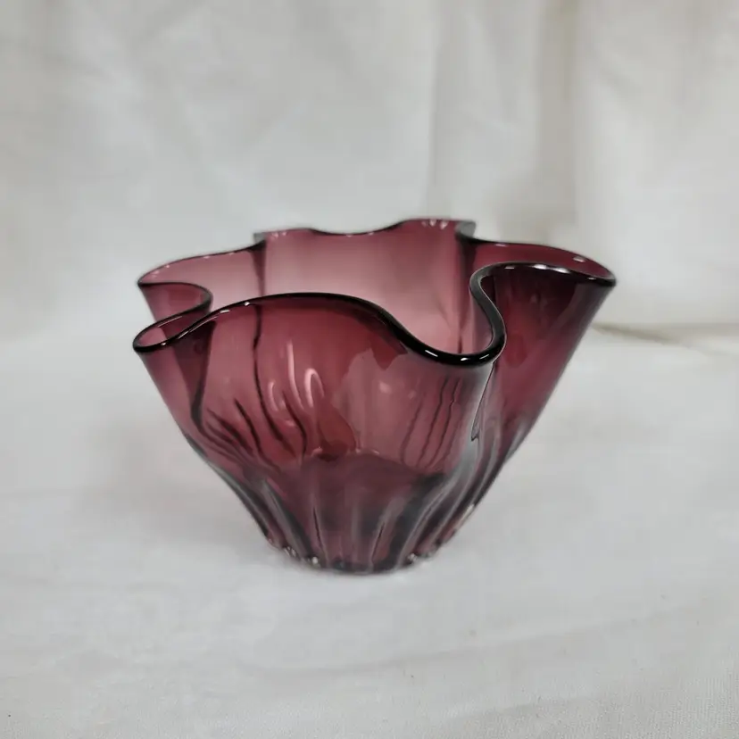 Art Glass Hand Blown Amethyst Ruffled Bowl