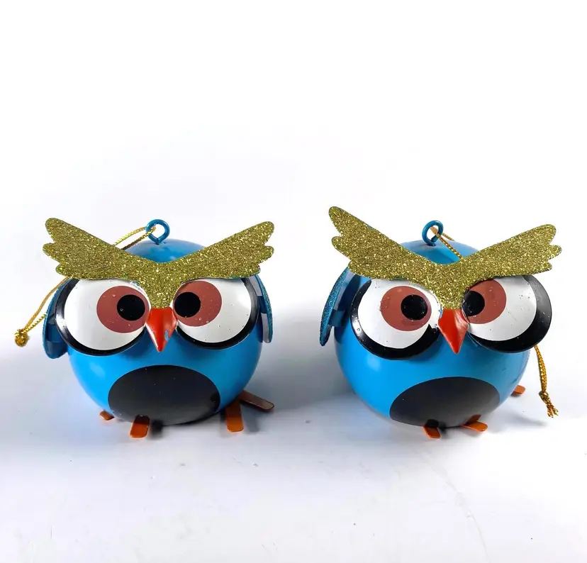 Set of 2 Macy's Holiday Lane Blue Metal Owl Ornaments w/Jingle Legs