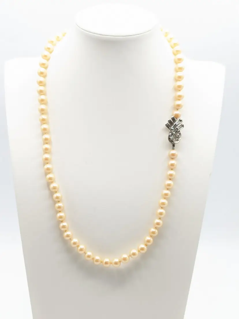 Vintage Faux Glass Pearl Necklace with Rhinestone Clasp Champagne Color