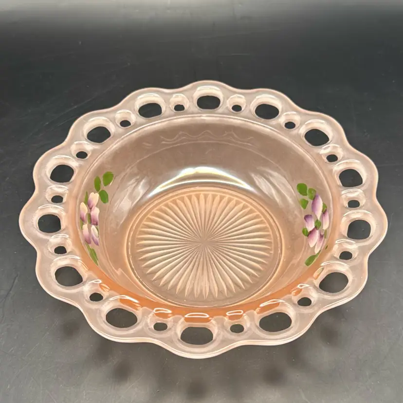 Vintage 1930s Lancaster Glass Open Lace Frosted Depression Pink Serving Bowl 7.5”