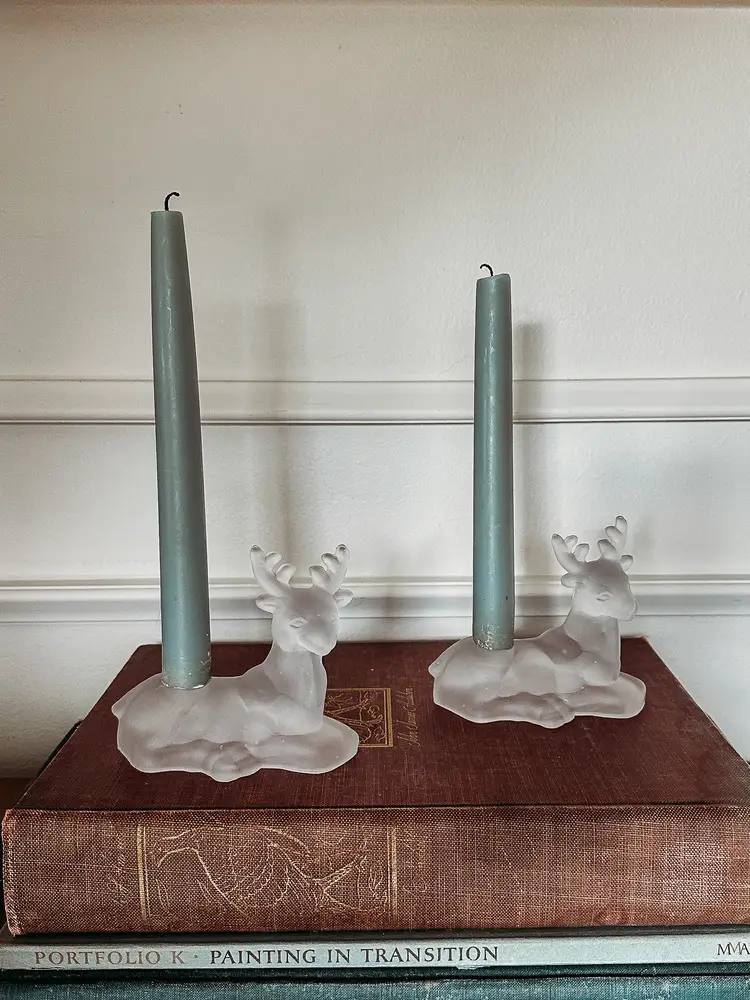 Vintage Set of Two Frosted Crystal Reindeer Candle Holders. 1993 Macy & Co.