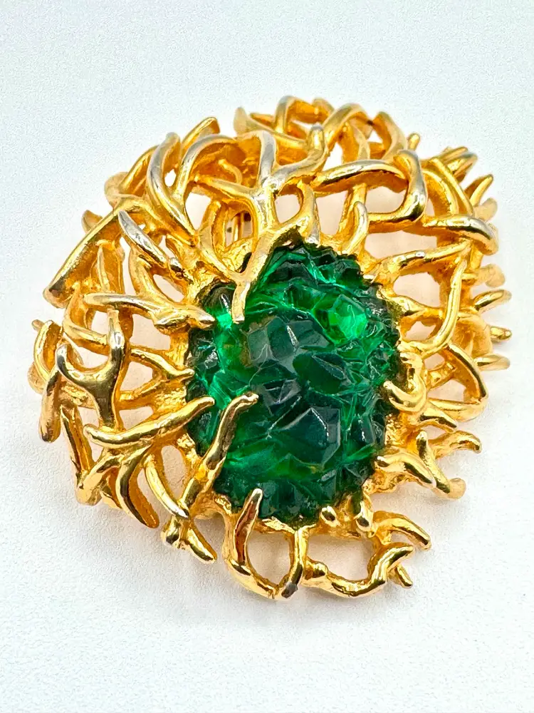 Marcel Boucher EXTREMELY RARE Signed Numbered Sea Anemone Brooch Goldtone Green Stone