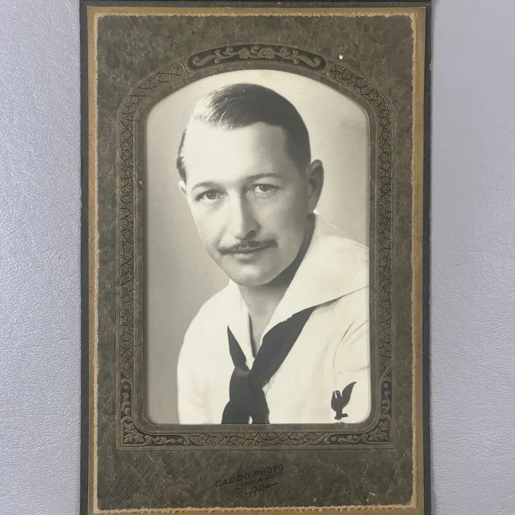 Vintage Portrait Photo US Navy Sailor World War II Era Military Little Rock Ark Caddo Photo Handsome Man With Mustache