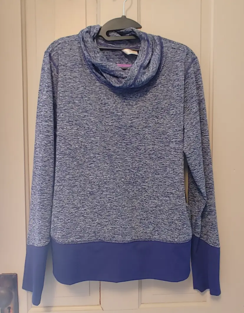 Top- Brand: Lucy. Size XL. Blue cowel neck top. 92% polyester, 8% spandex. No callouts.