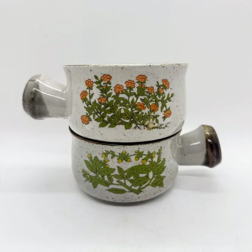 Vintage 1970s Takahashi Herb Wildflower Handle Bowls Speckled Stoneware Pottery