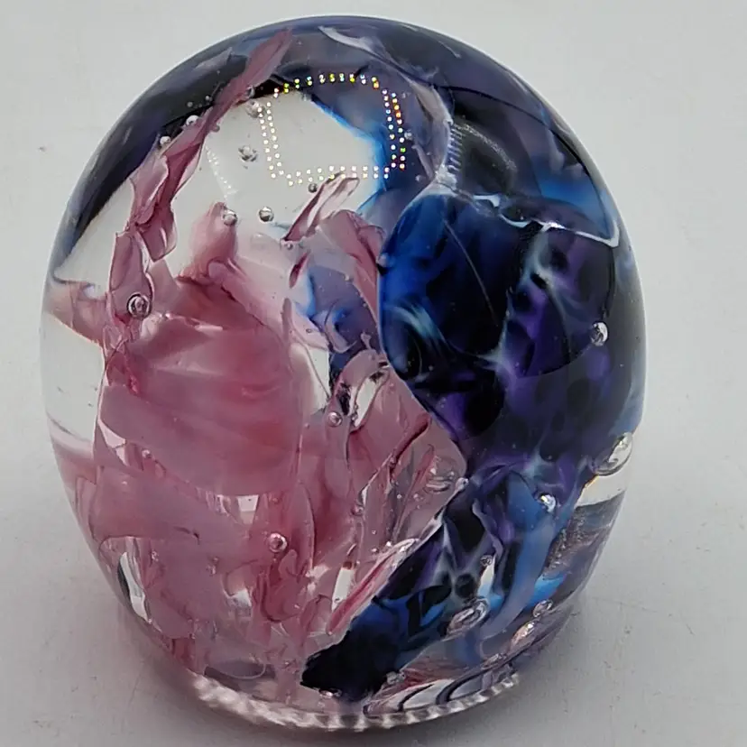 'The Glass Forge' Signed Studio Art Glass Abstract Blues, Pinks, Waves, Paperweight