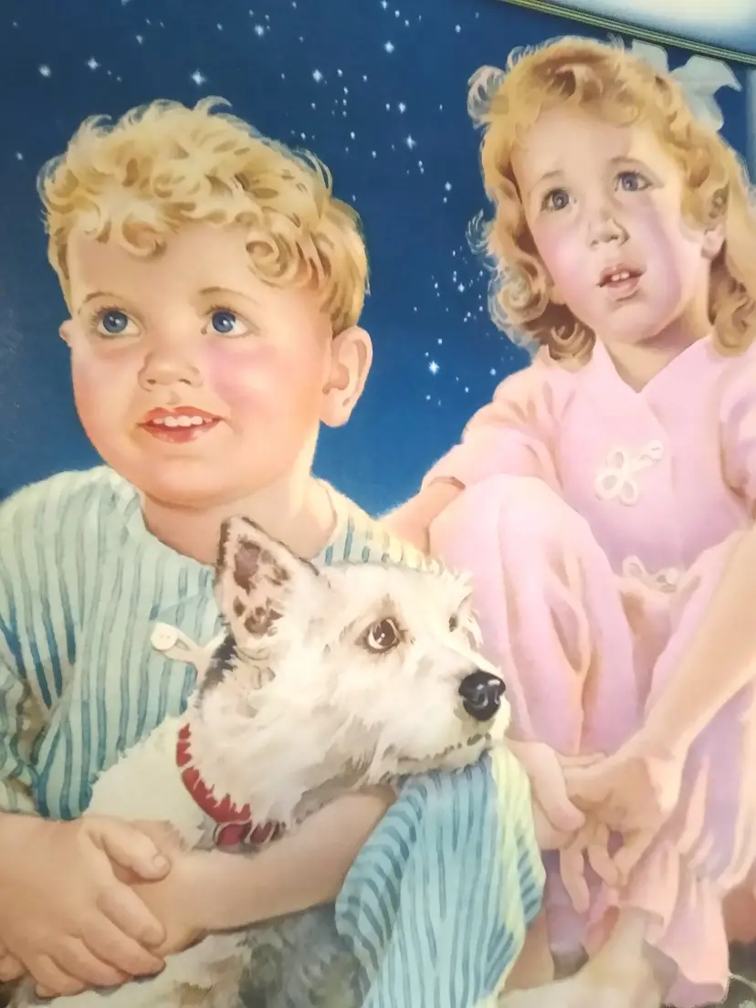 Boy Girl Jack Russell Dog Art Print God Lives Up There Stars 1947 Frances Hunter