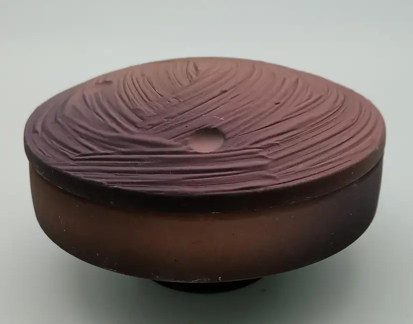 Vintage, Multicolored And Textured ,Raki Pottery By Jim Kemp, Round Pedestal Box, Glazed Inside.