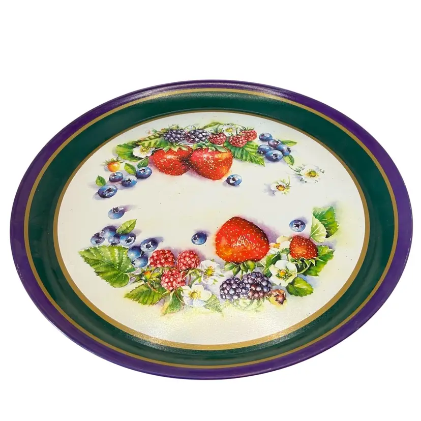 Vintage 12 Inch Diameter Metal Fruit Serving Tray Unmarked Some Wear On Back