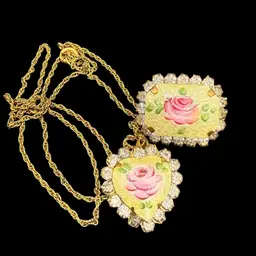 vintage enamel floral heart pendant necklace and matching brooch