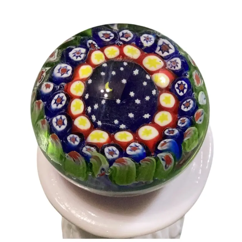 Moon And Stars Paperweight, Millefiori Style, Has One Scratch On Top 3” Diameter