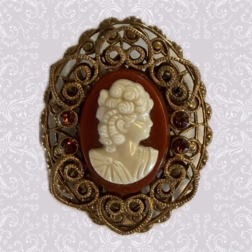 Glass Rhinestone Carved Cameo Brooch