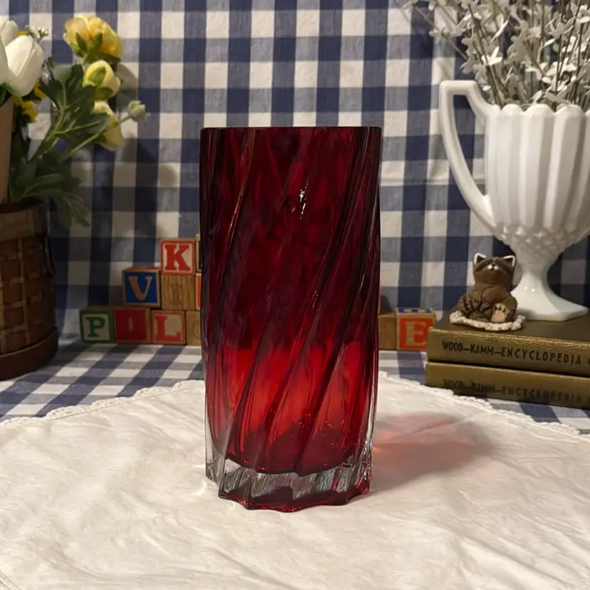 Vintage Teleflora Deep Red Vase with Glass Swirl Pattern