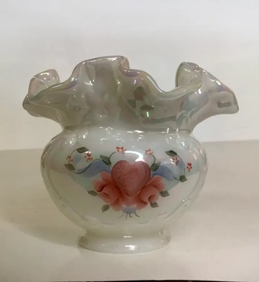 Vintage Fenton Glass Pearl Iridescent Painted Heart Rose Ruffled Vase Bowl Signed D. Henderson