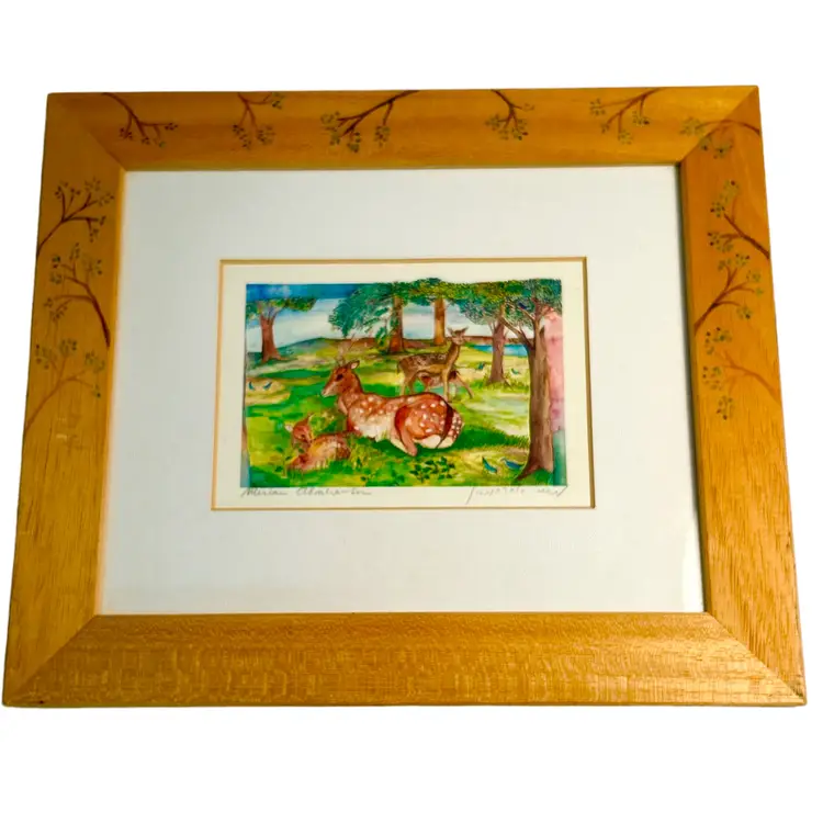Signed and Framed Miriam Abrahamson(?) Watercolor Print of Deer Family