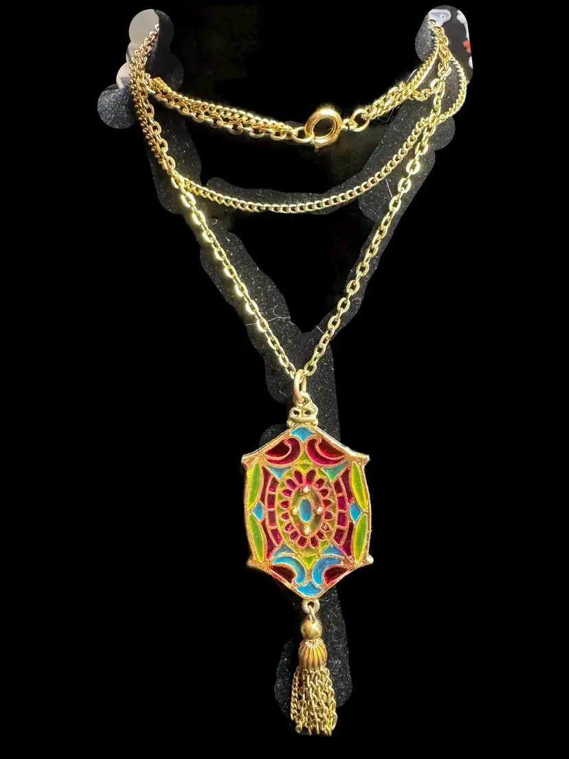 Vintage Plique-A-Jour - Meaning “Let The Light In” Pendant with Tassels On A Double Strand Gold Tone Necklace 17” &18” Respectively