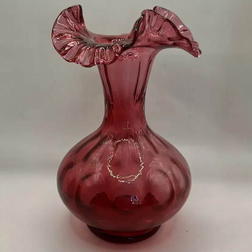 #15 Fenton Pink Cranberry Glass Coin.Ruffled Edge Vase