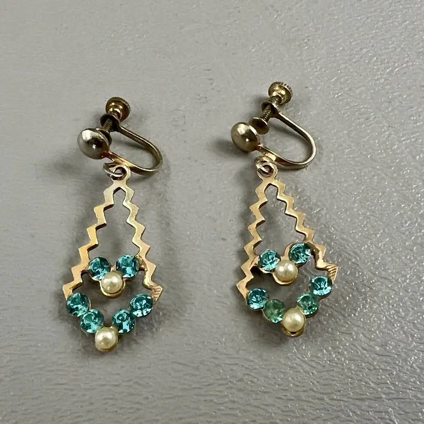 Vintage Gold Tone Screw Back Earrings Blue Rhinestone Faux Pearl Dangle Art Deco 1.25"