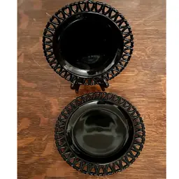 Vintage Black Amethyst Glass Plates with a Heart-shaped Lattice Edge - 7 Inch