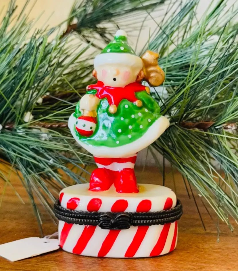 Trinket Box Hinged Christmas Figurine Santas Elf Candy Cane Ceramic 3" Tall