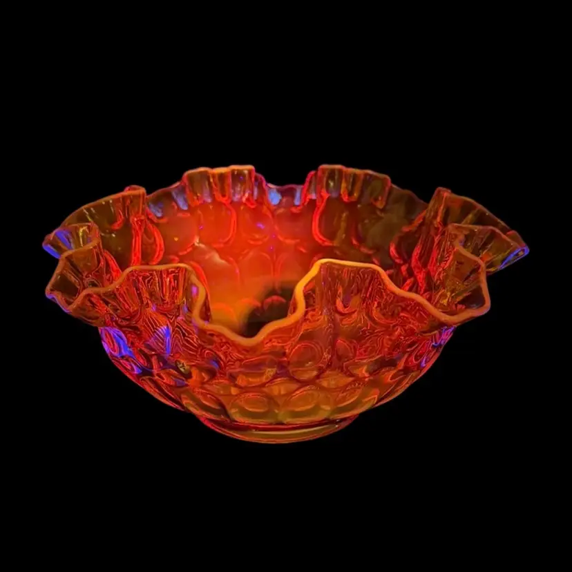 Vintage FENTON Glass Candy Dish/Bowl Amberina Thumbprint Ruffle Edge Unmarked Glows
8”W x 3-1/2” T