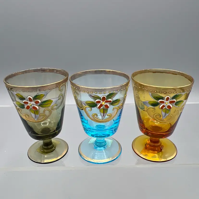 3 Bohemian Glass Small Cups Glass/Gold/Hand Painted Florals 2.5”