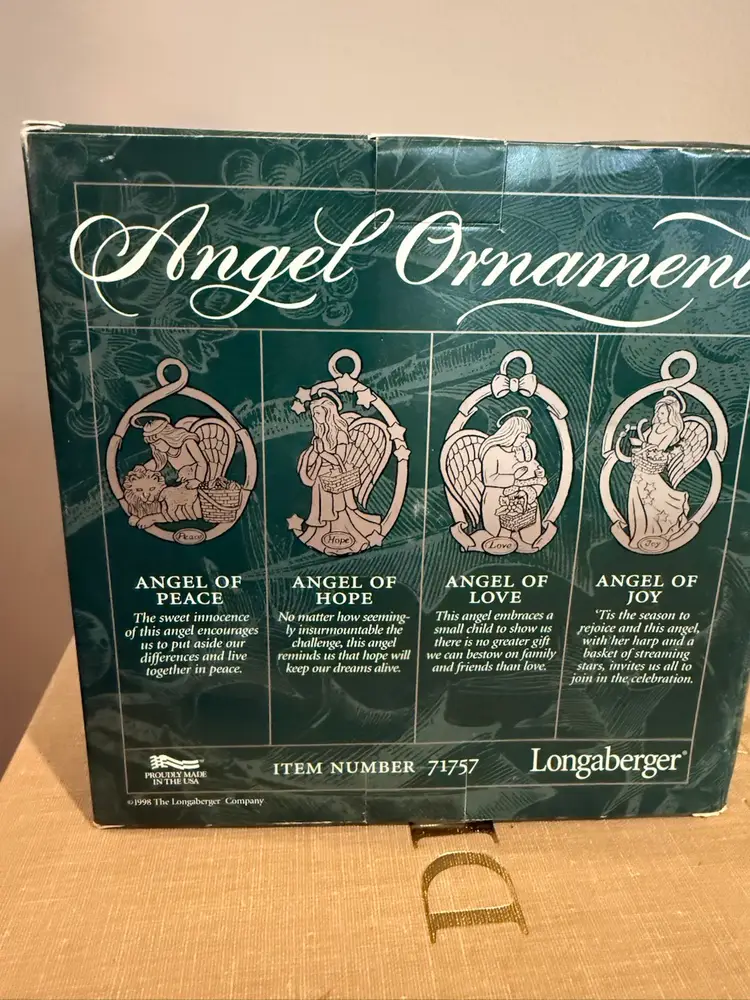 Longaberger 1998 Pewter Angel Ornaments "Peace", "Hope", "Love", "Joy" Set of 4