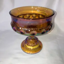 Vintage Indiana Carnival Glass Irridescent Amber Kings Crown Pedestal Compote