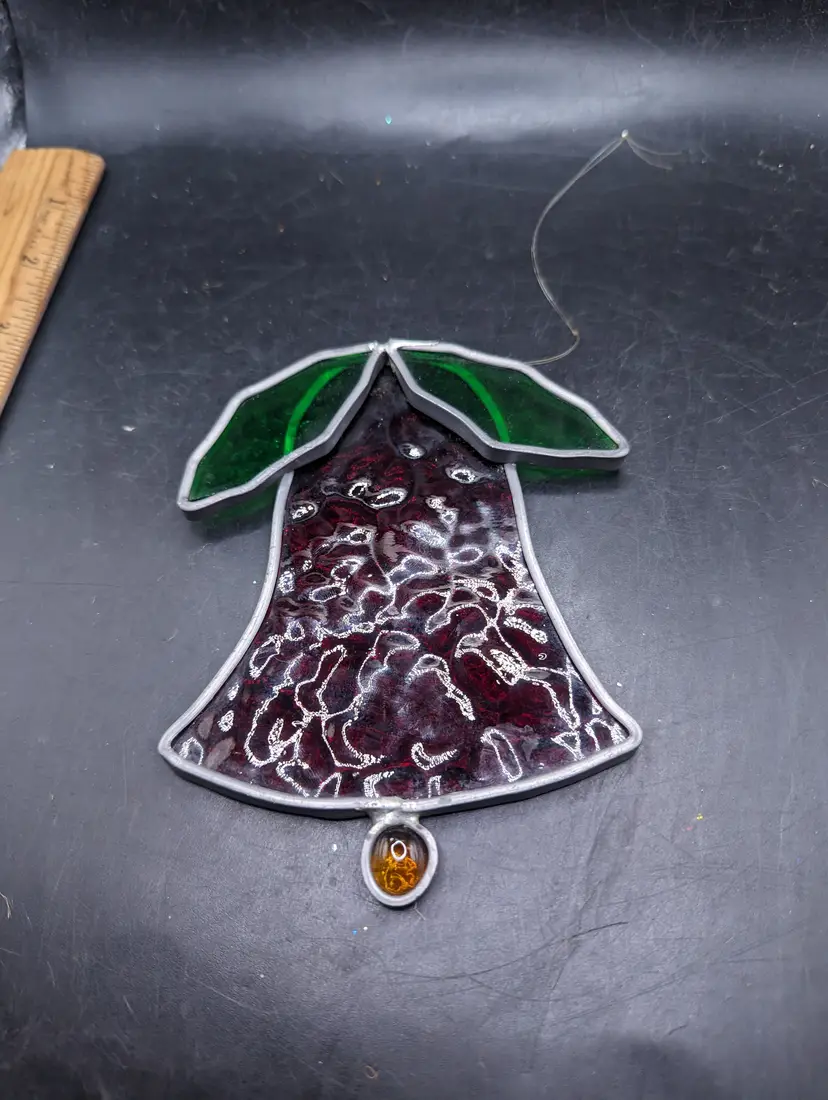 Vintage Leaded Stained Glass Christmas Bell With Holly Sun Catcher.