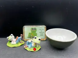 Vignette #6 Hoppin Green Includes A Glass Picture Paperweight With A Frog For Mimi, Two HOMECO Ceramic Fun Frog Figurines And An Olive Green Hall Pottery Berry Bowl