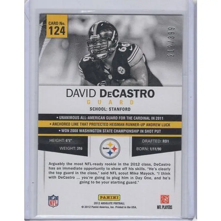 2012 Absolute David DeCastro Rookie #/399 Steelers