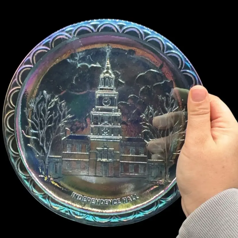 Fenton Carnival Glass Iridescent Blue Independence Hall Plate 8”