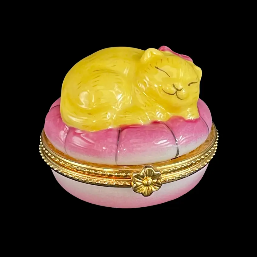 Sleeping Kitten Cat On Pink Pillow Bed Hinged Lid Trinket Box ML Hand Painted