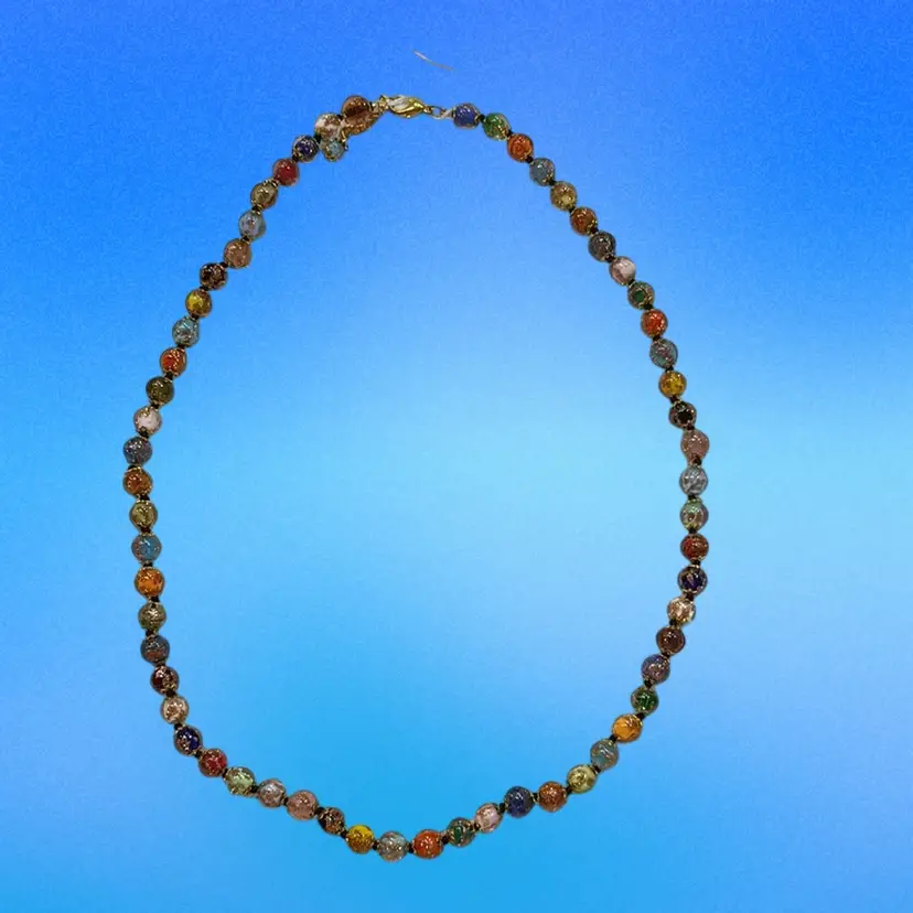 Murano glass bead necklace, featuring sommerso beads fused with gold leaf. Hand Knotted. 22” Long