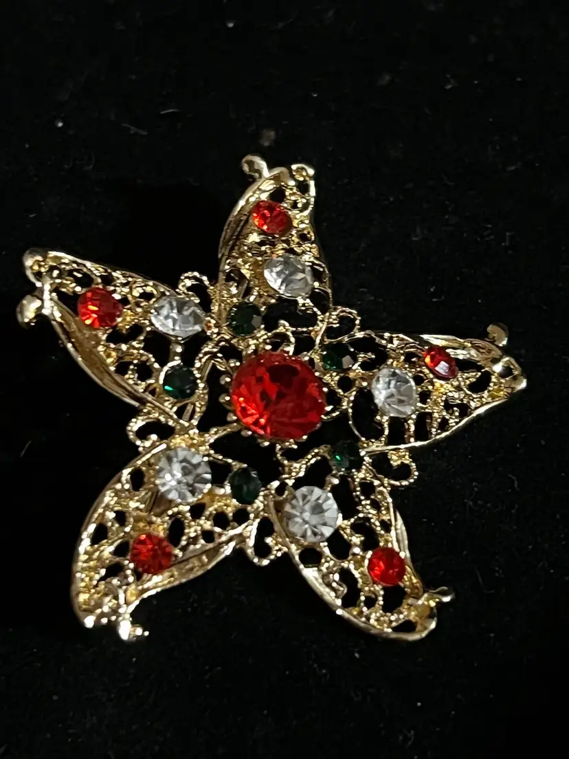 Jeweled Gold tone Star or Starfish Broach 1.5”