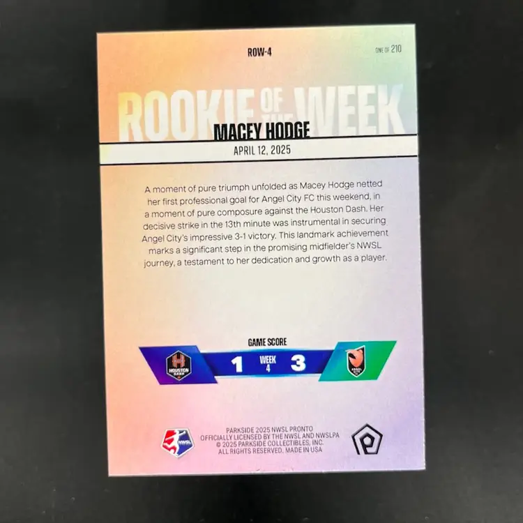 Macey Hodge 2025 NWSL Parkside Pronto Rookie Of The Week Subscriber Exclusive /210 Soccer Card #ROW4
