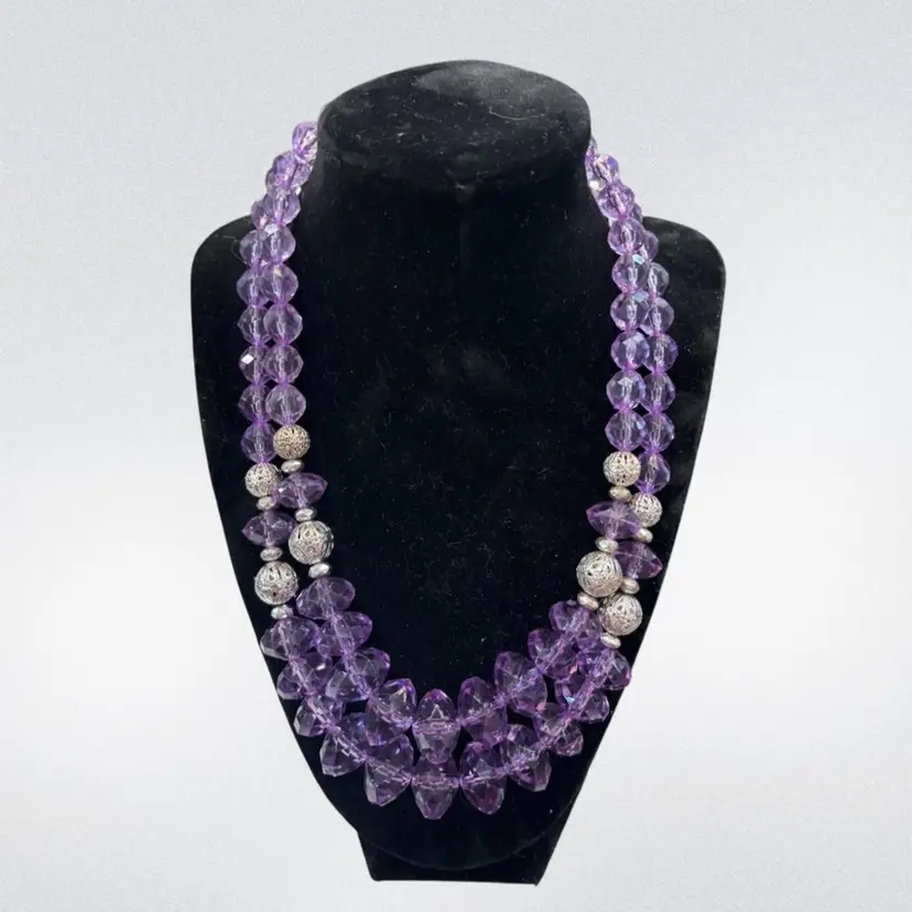 Vintage Double-Strand Purple Faceted Bead Necklace with Silver Filigree Accents – 18” & 20”