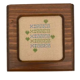 Cross Stitch Top Wood Trinket Box, "Kisses" with Hearts, 4.75" Square, Hinged