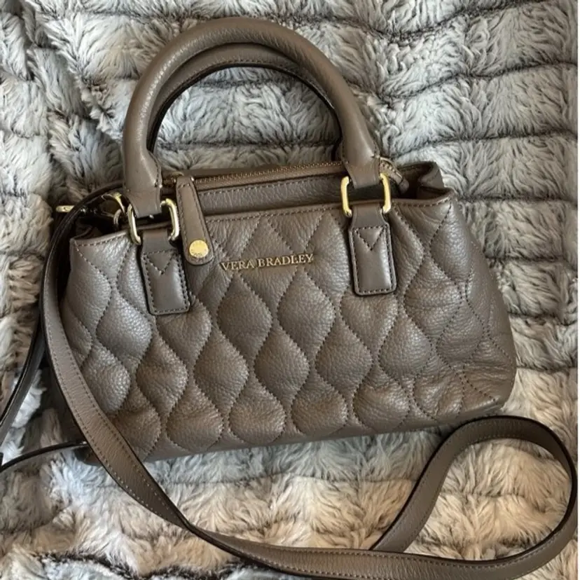 Vera Bradley Quilted Taupe Pebbled Leather Emma Mini Satchel Crossbody Bag