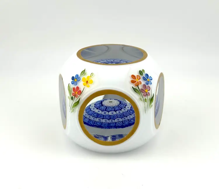 Vintage Murano Faceted White Overlay Hand Painted Millefiori Glass Paperweight 3”x 2.75”