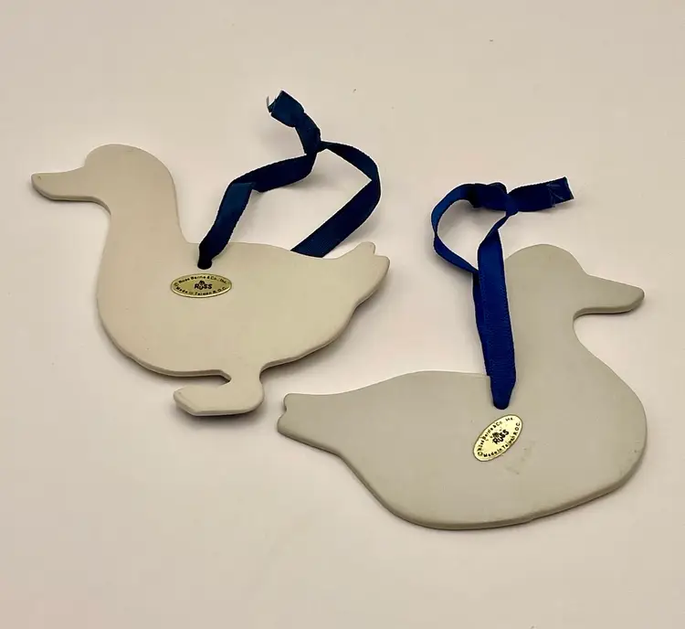 Russ, Ceramic Ornaments, DUCKS, Blue/White with Florals, Stickers, Ribbons for Hanging