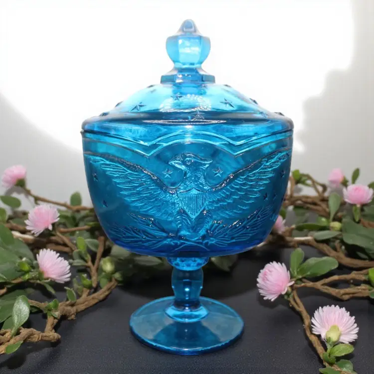 22) L.E. Smith Patriotic Eagle Lidded Compote Peacock Blue 8 1/2” Tall