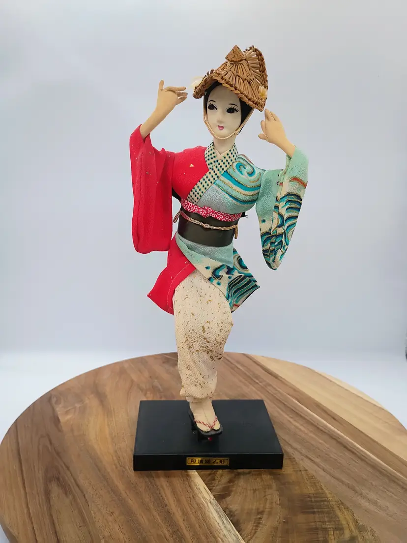 Large Japanese Geisha Standing Doll on Base Hand Painted Face Hand Sewn Kimono.