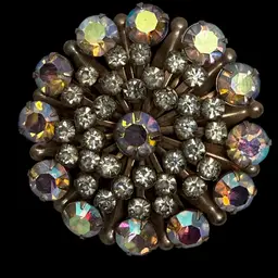 Vintage Brooch Aurora Borealis & Clear Rhinestones Gold-Toned Metal Backing, 2”Dia. Sturdy C Safety Clamp, Excellent Condition (Please See Photos)