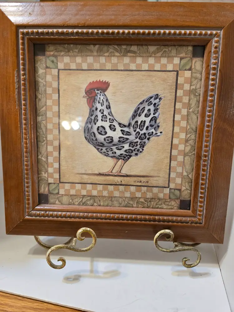2 FRAMED PRINTS by J. WIENS ROOSTER ART Chickens , size with frame 9.5 X 9.5