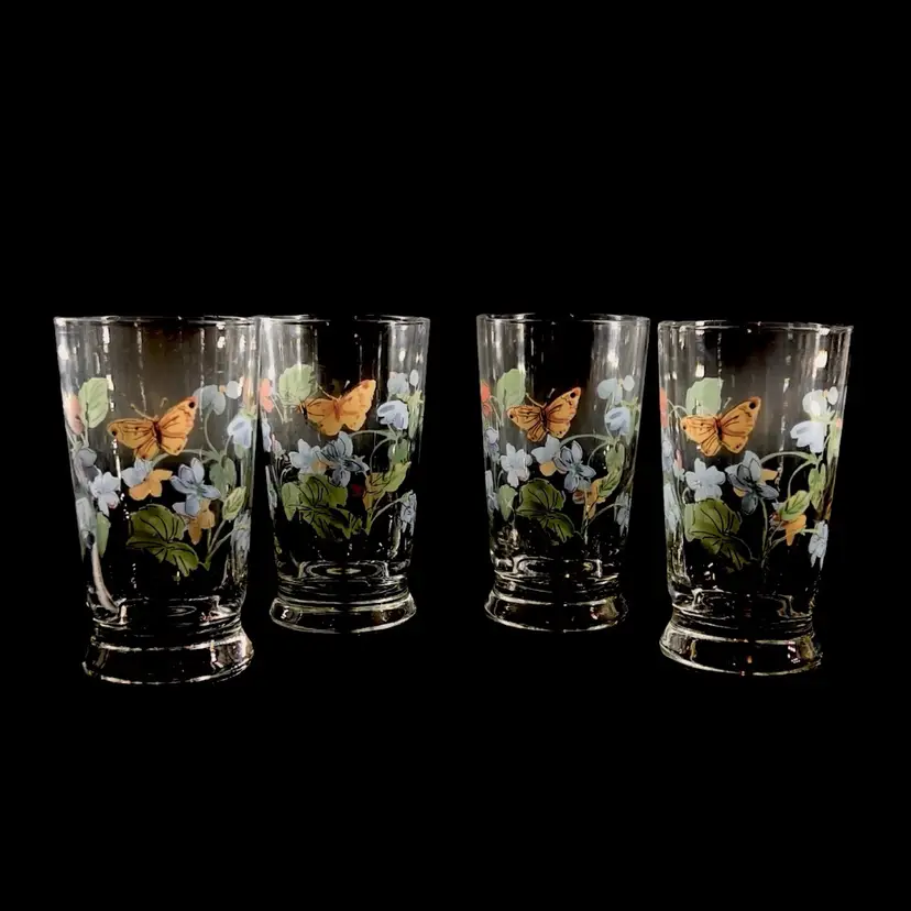 Vintage Juice Glass 4pc Set Wildflowers Butterfly Bug